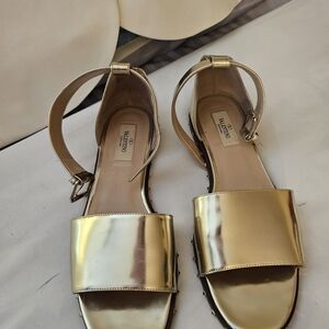 Valentino Gold Leather Ankle Strap Flat Sandals